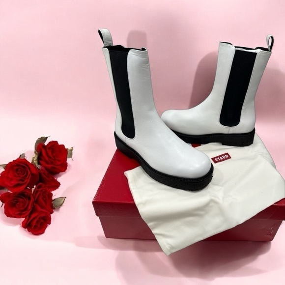 STAUD Palamino White Leather Black Gore Ankle Chelsea Boots size 36 US 6 NWB - Picture 11 of 12